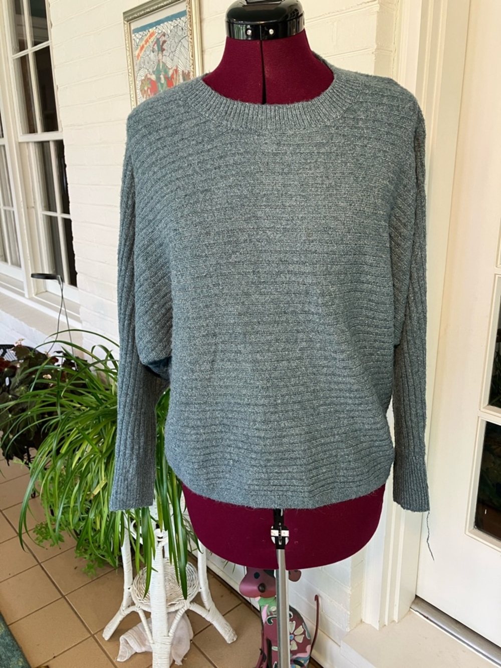 Pink Rose | Ribbed Crewneck Sweater | Steel Blue | Dolman Sleeves | NWT | M